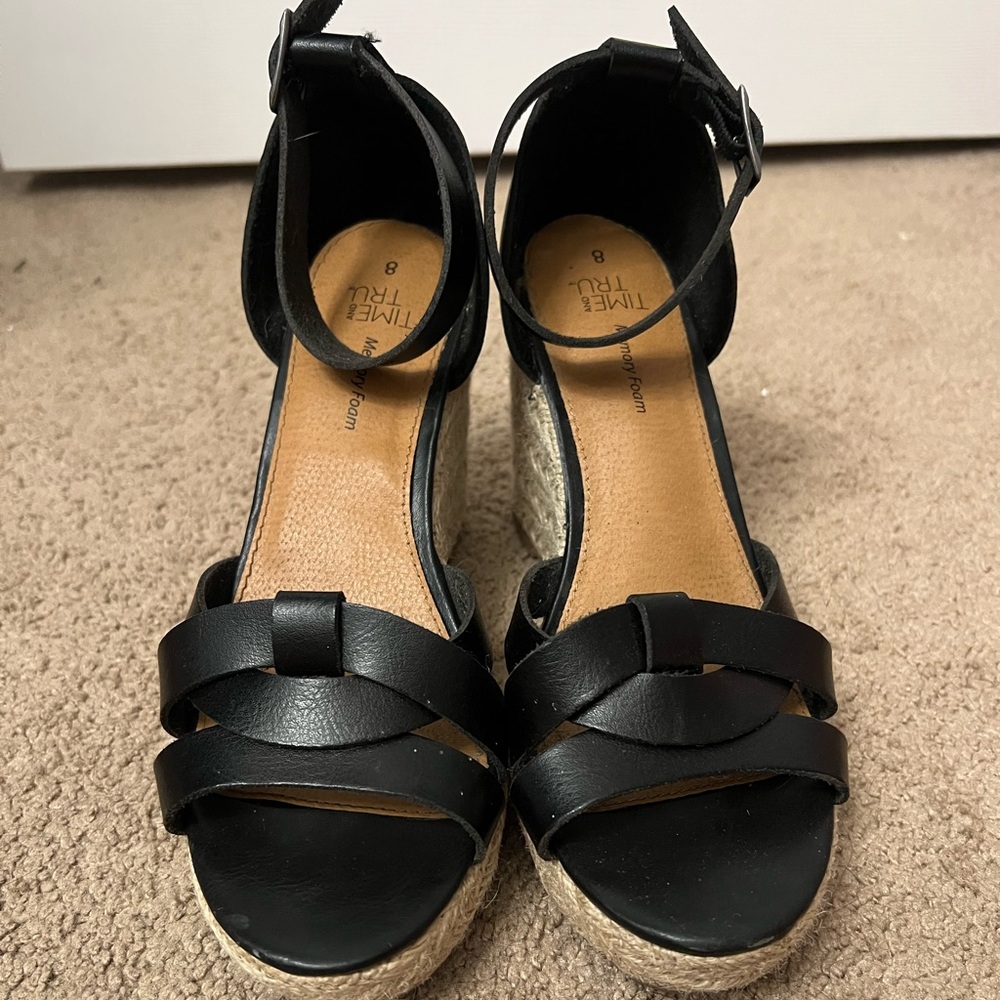 Time and Tru Black Heeled Sandals with Ankle Strap